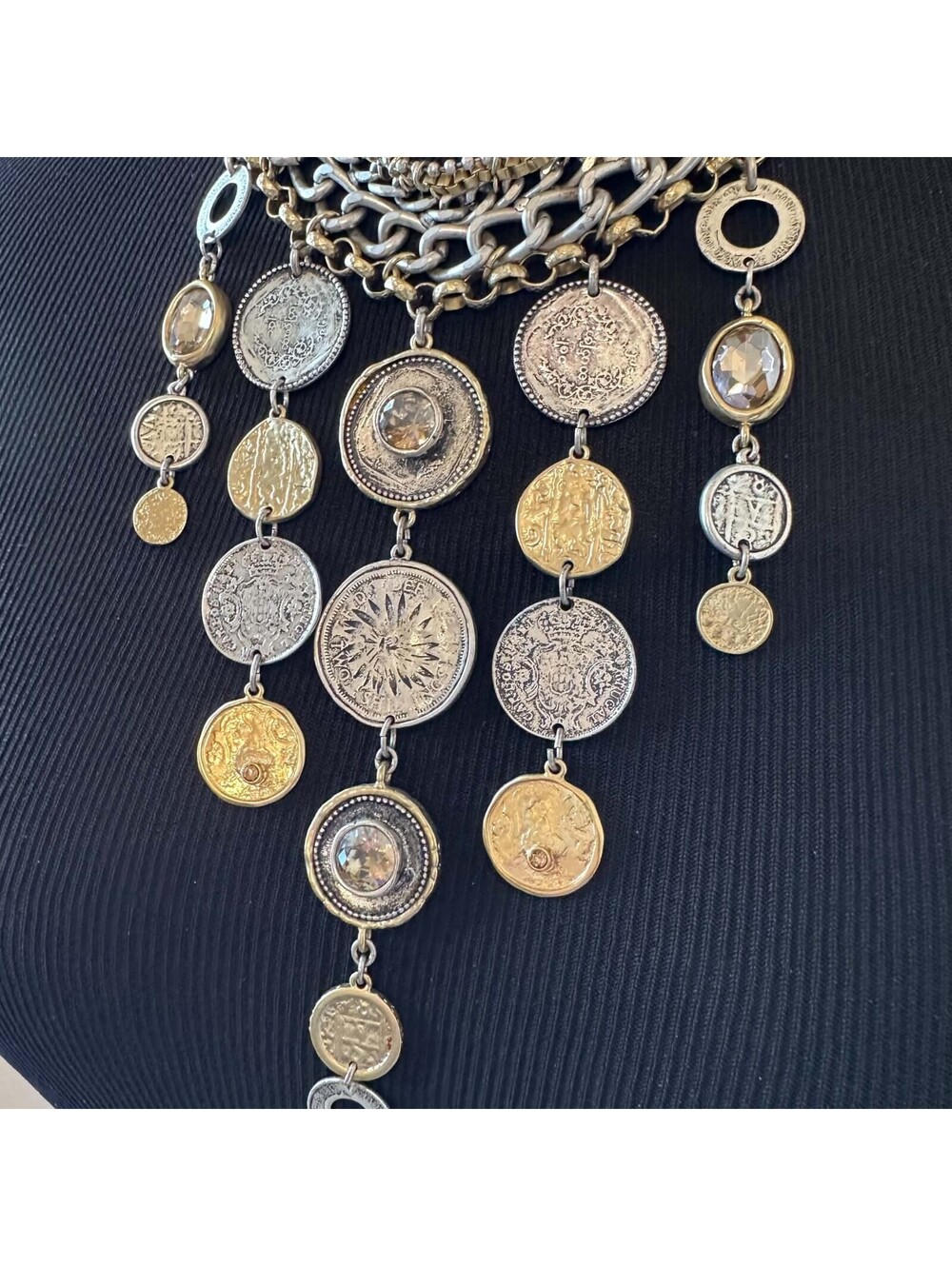 Chico's Coin Necklace Multi Strand Chunky Statement Choker Silver Gold Tone EUC - Picture 3 of 8